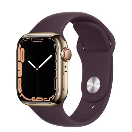 Apple Watch Series 7 GPS + Cellular - 41mm, Gold Stainless Steel Case with Dark Cherry Sport Band - Regular